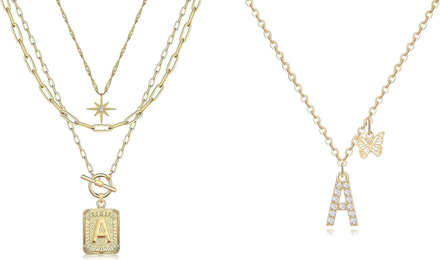 MJartoria Bundle - 14K Gold Plated Layered Initial Necklaces for Women Trendy and Gold Initial Necklaces for Women/A Letter Pendant