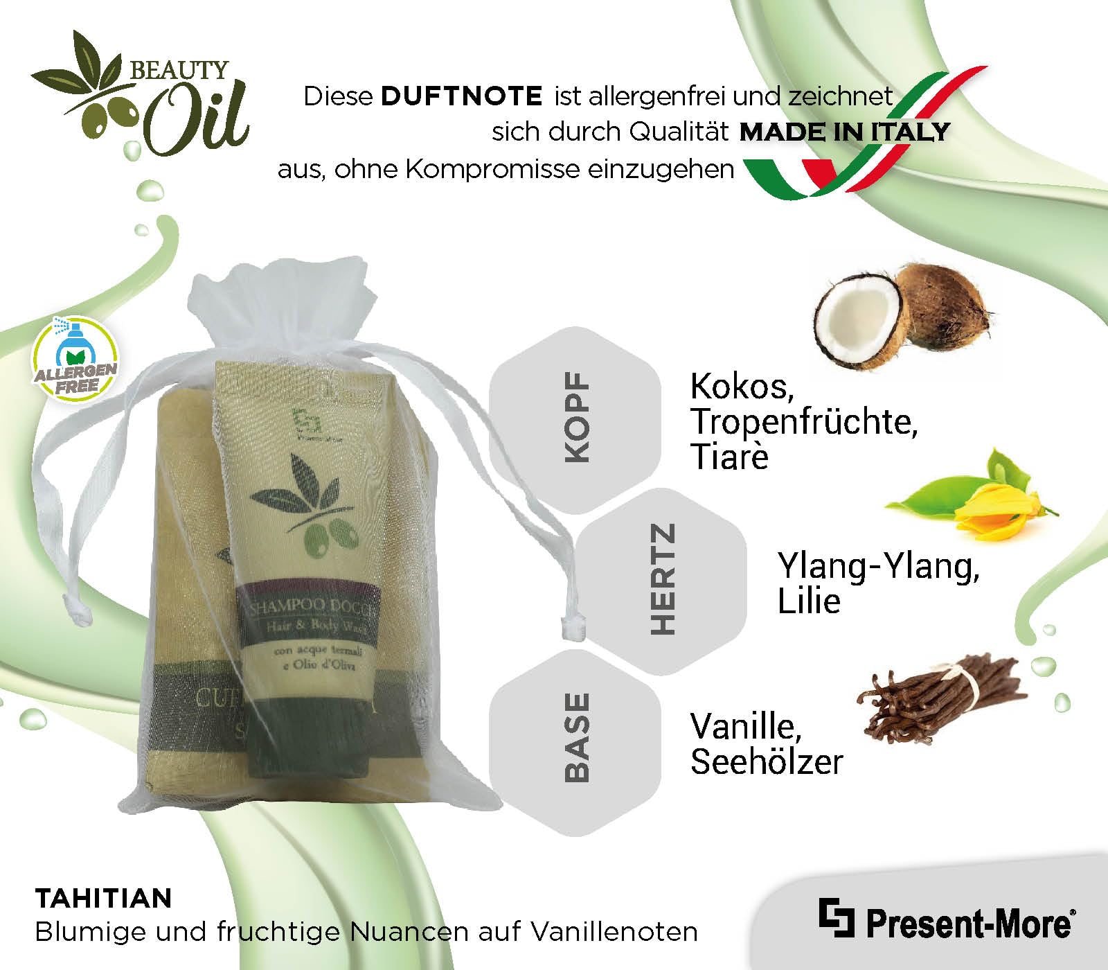 Present-More Amenities Kit Beauty Oil - Prestige Kit Toilettenartikel 35 Gäste für Hotels und B&B | Allergenfreie Amenities Kit mit Duftnote Tahitian