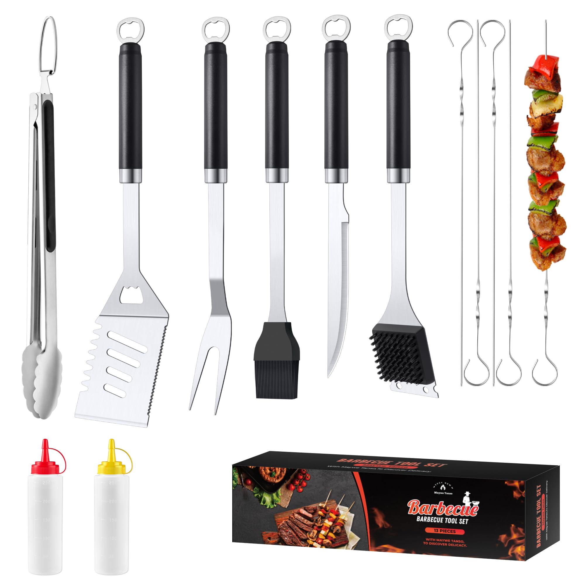 BBQ Accessories Grill Tools Set, Stainless Steel Grill Tools with 2 Squeeze Bottles, BBQ Grill Accessories Grilling Gift for Men & Women, Portable