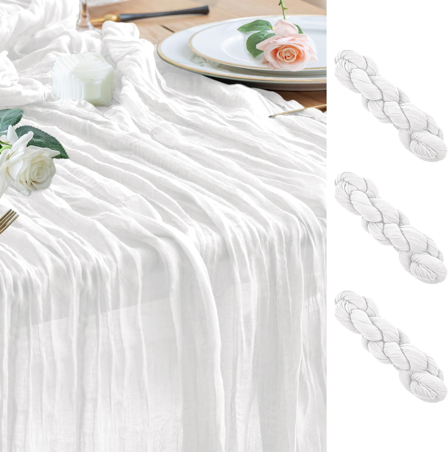 Wokceer Cheesecloth Table Runner White Christmas 3Pack 10FT Ivory Boho Gauze Fall Cheese Cloth Table Runner for Party Rustic Sheer Table Runners for Baby Bridal Shower Wedding Easter Table Decor