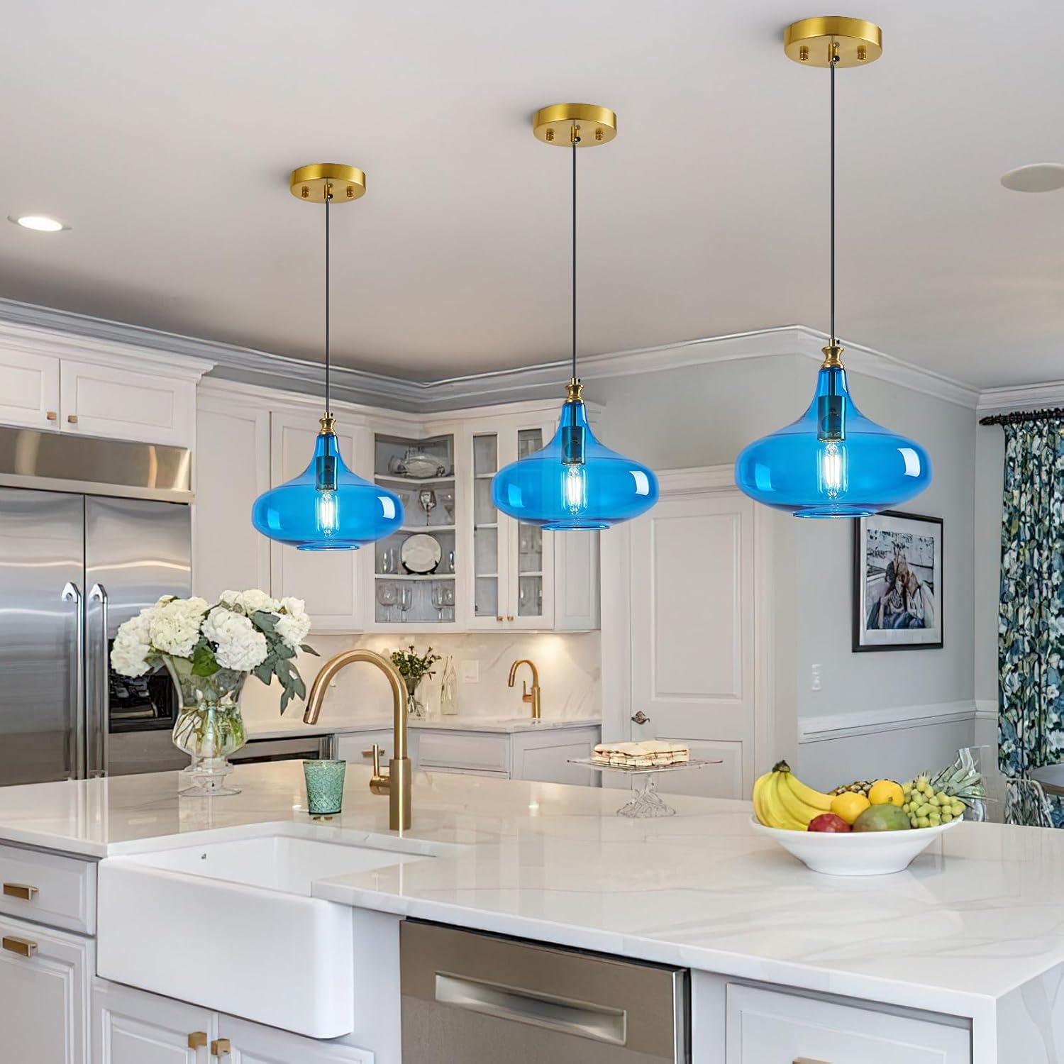 Modern Glass Pendant Light 10.63 in Blue Glass Shade Gold Farmhouse Island Pendant Lights for Kitchen Pendant Lighting Over Sink Bedroom Dining Room