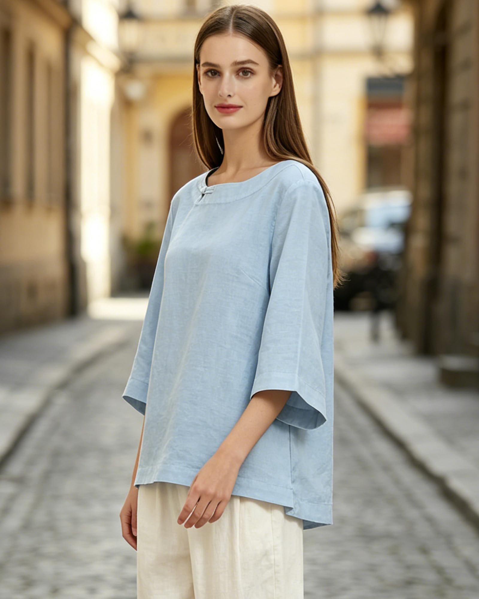 FTCayanz Chemisiers et Blouses Femme en Lin Tunique et Elegant Été Tee Shirt Col Rond et Manche 3/4