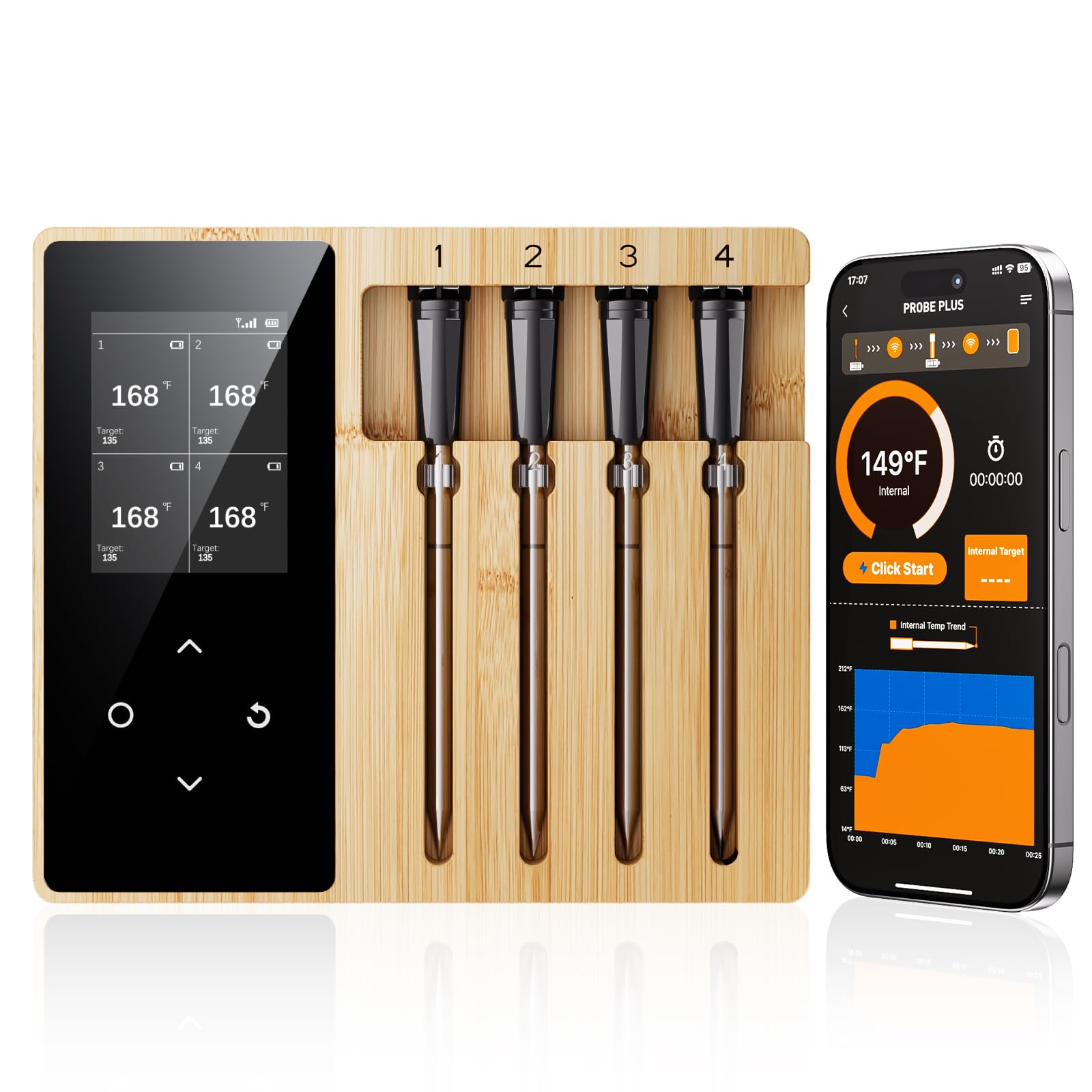 Newise Termómetro de carne inalámbrico de 4 sondas, termómetro digital Bluetooth para barbacoa, parrilla, horno, ahumador, largo alcance y base recargable con alertas en tiempo real, regalos de cocina