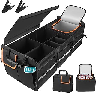 Extra Large Car Boot Organiser with Lid, XXXL 115L Foldable Car Storage Box and 24L Cool Bag with 6 Compartments, Waterproof Non-Slip with Handles for Camping and Everyday Use, 89 x 36 x 31 cm