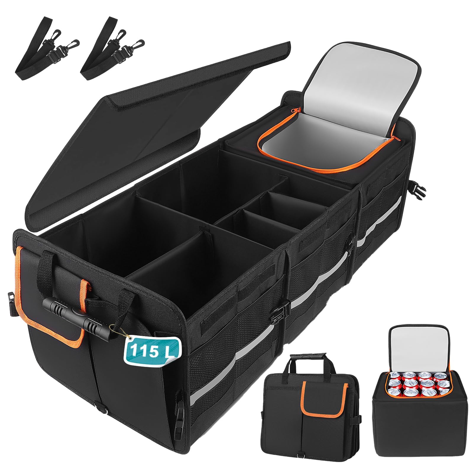 XXXL Rangement Coffre de Voiture, 115L Pliable Organisateur avec 6 Compartiments et Couvercle, 24L Sac Isolant Amovible, Fond Antidérapant et Poignées, pour SUV Camion Camping Quotidien, 89x36x31cm