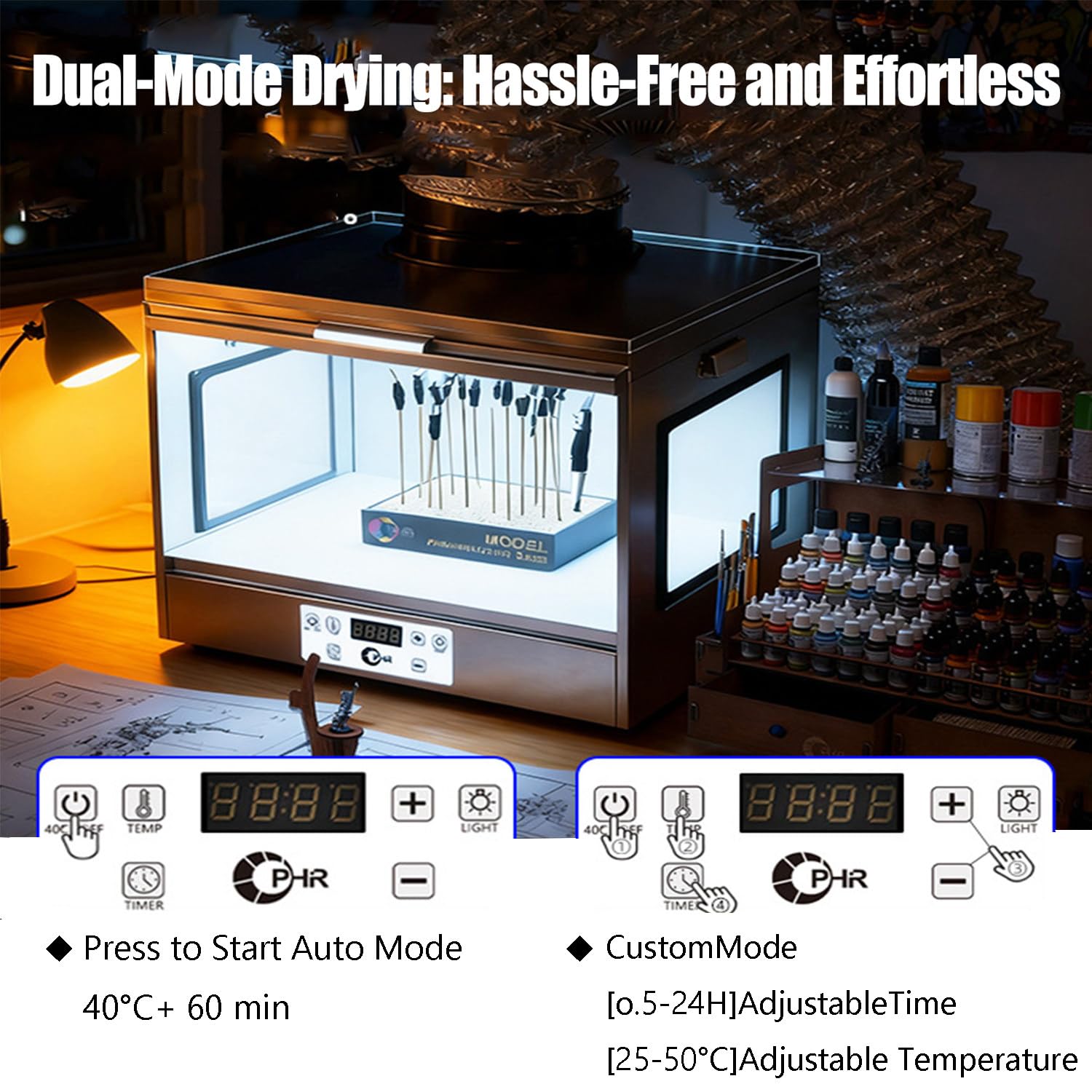Professionelle Farb Trocknungsbox für Modellbau und DIY-Handwerk,Geruchsfilter und Einstellbarer Temperatur für Modellbausätze,künstlerisches Heimwerken und 3D-Druck