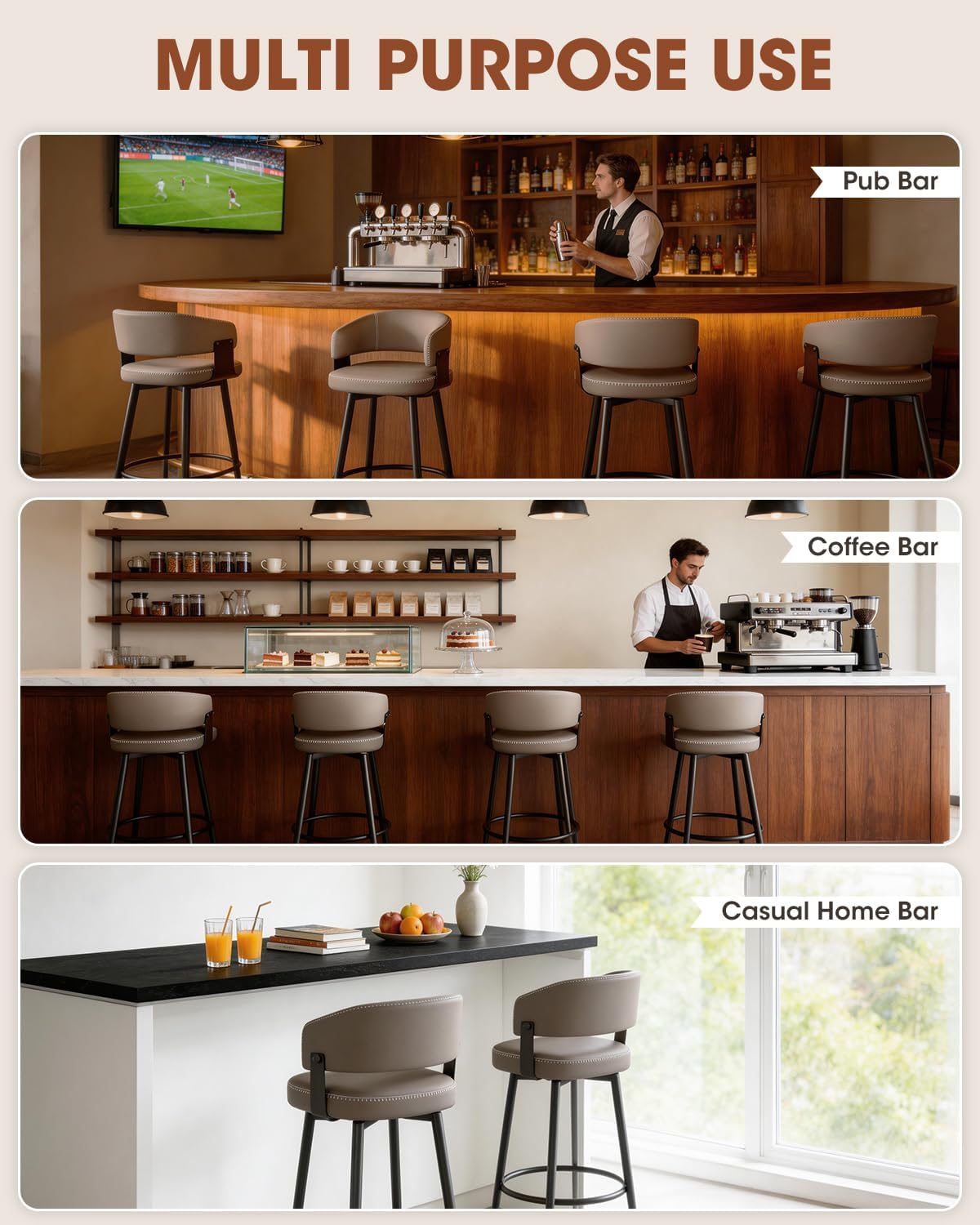 Bar Stools Set of 4, 30" Swivel Bar Height Bar Stools with Curved Back, Mid-Century Modern Faux Leather Bar Chairs with Stitching for Kitchen Island, Dining, Living Room, Matte Gray