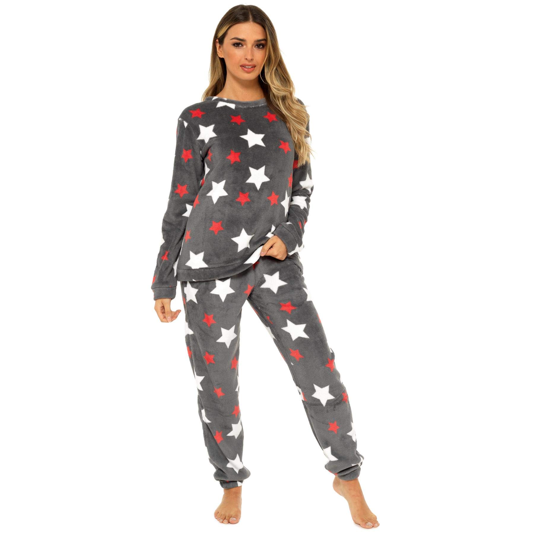 Style It Up Womens Pyjamas Pjs Warm Cosy soft Fleece Nightwear LoungeWear Comfort Fit Printed Fleece Twosie (Charcoal Star, 12-14)