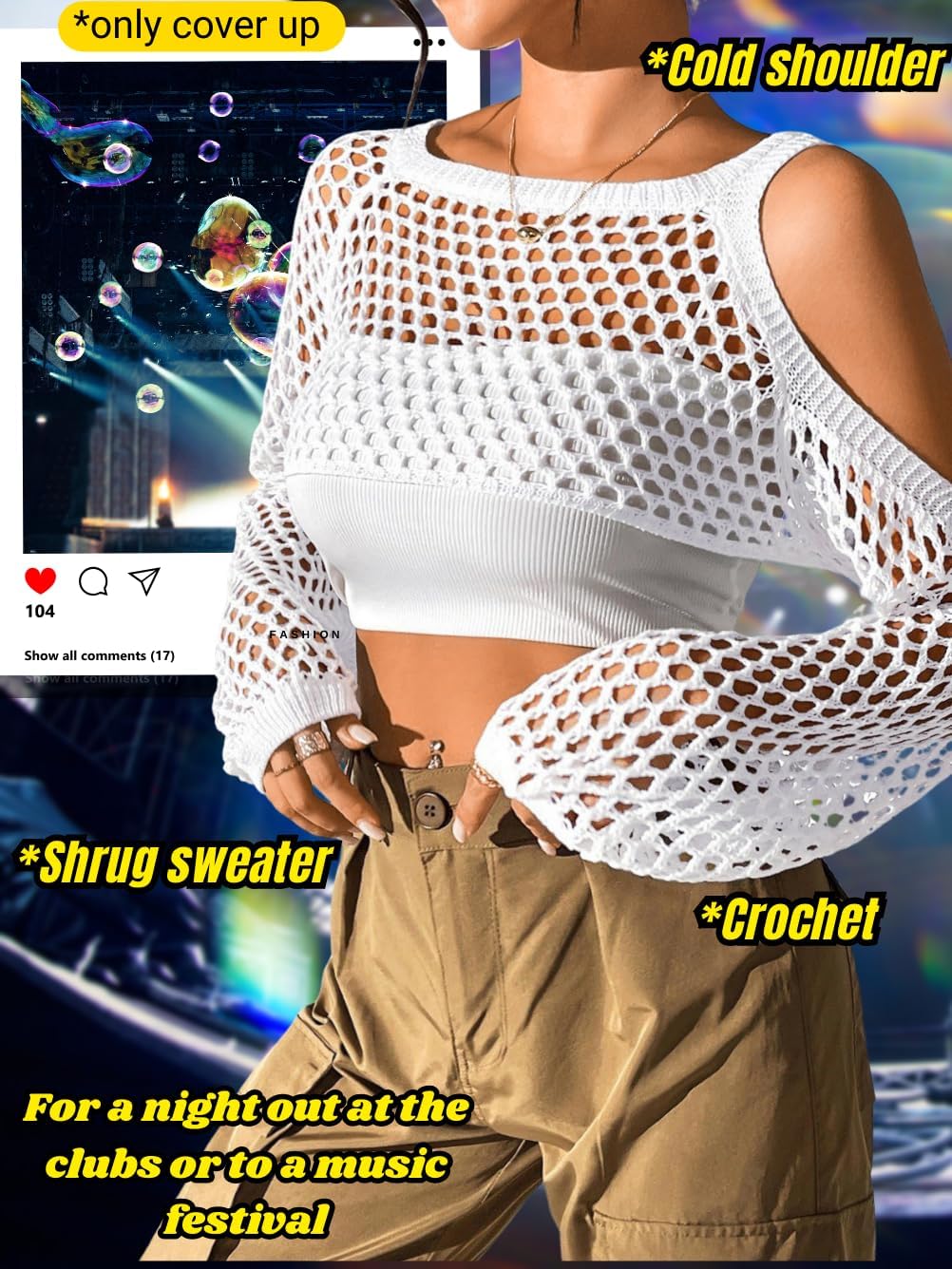 Women's 2000s Crochet Crop Top, Cold Shoulder Fishnet Shrug Sweater for Summer Music Festival Concert (Fits 0-12) - Image 3