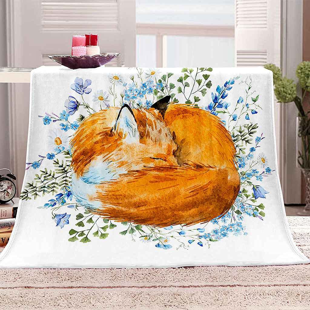 Couverture flanelle renard aquarelle pour vos soirées cocooning au salon 100x130cm
