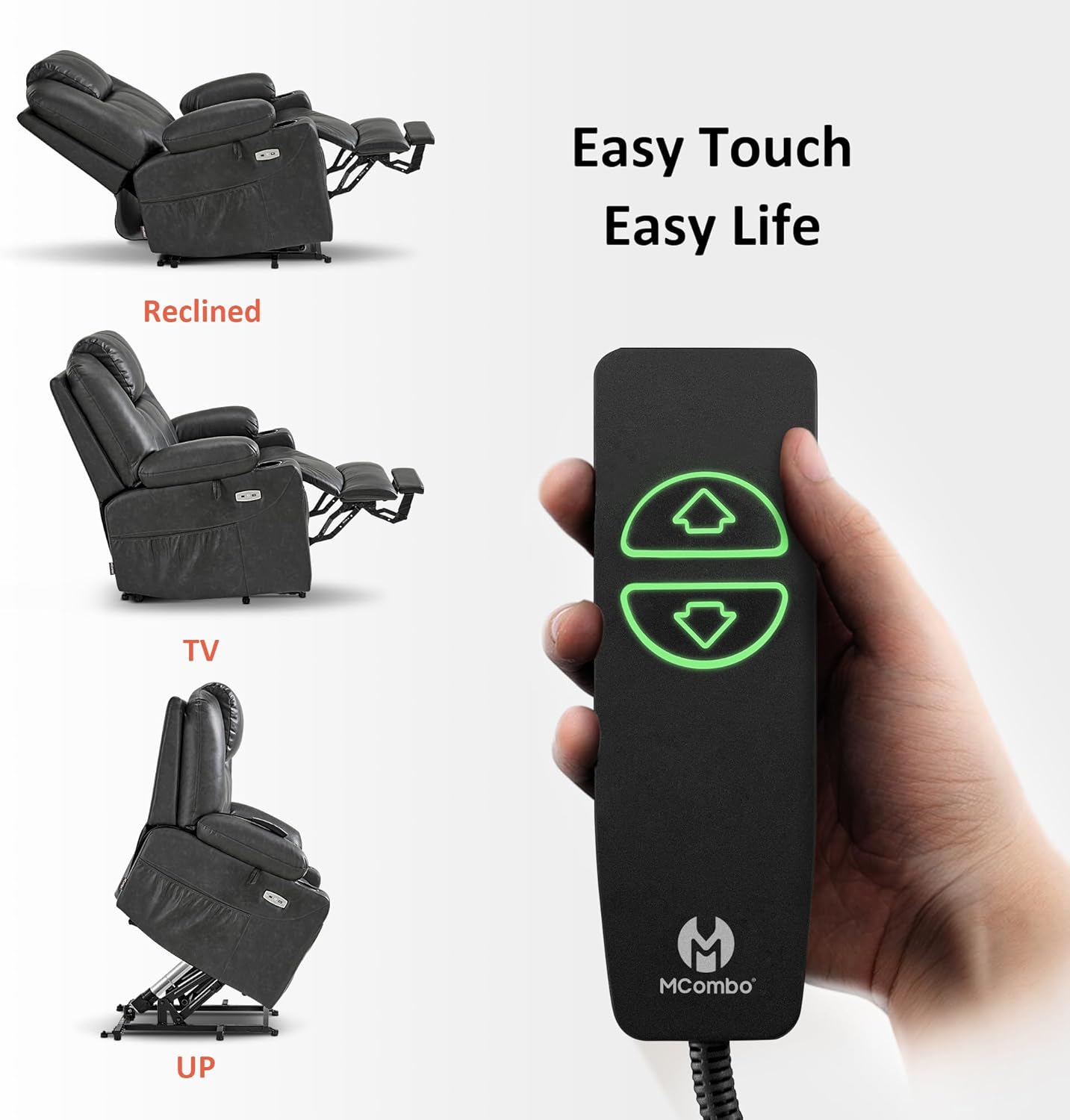 MCombo Electric Power Lift Recliner Chair Sofa with Massage and Heat for Elderly, 3 Positions, 2 Side Pockets, and Cup Holders, USB Ports, Faux Leather 7040 (Grey, Medium) Medium Grey