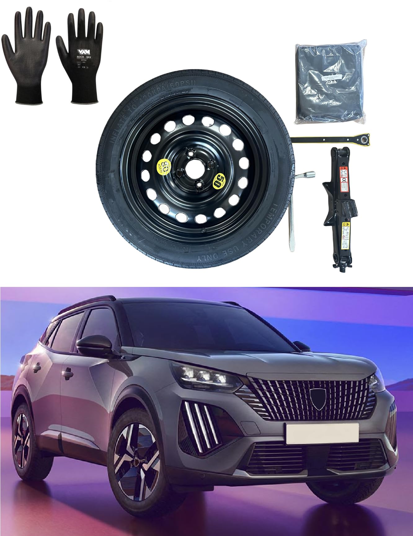 Kit Roue de secours 17" compatible avec Peugeot 2008 (2020>) avec Cric, Clé, Gants et Sac
