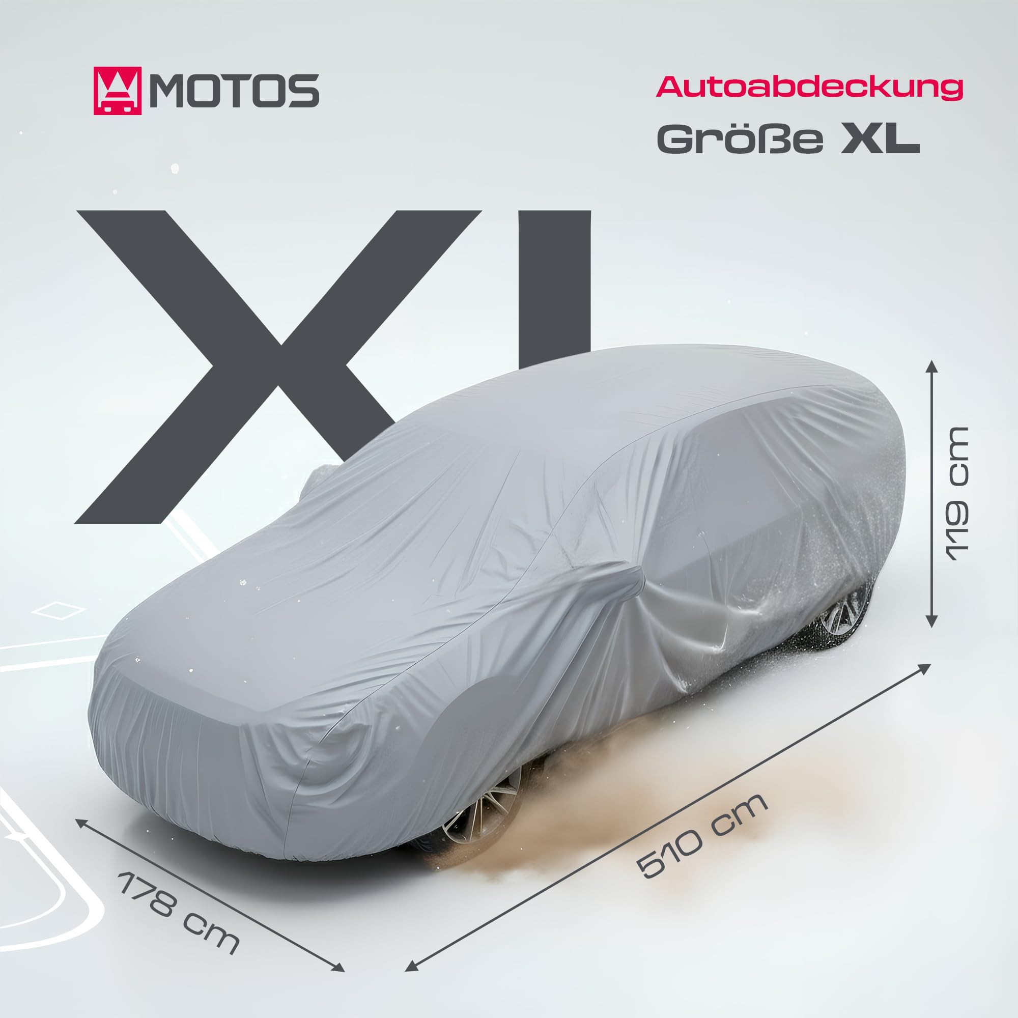 MOTOS Auto Abdeckplane Größe XL – 510 x 178 x 119 cm, Autogarage Abdeckung, Ganzjähriger Hagelschutzplane Auto, 100% Wasserdicht, UV- und Temperaturbeständig, Einfach zu Reinigen, Inkl. Tasche