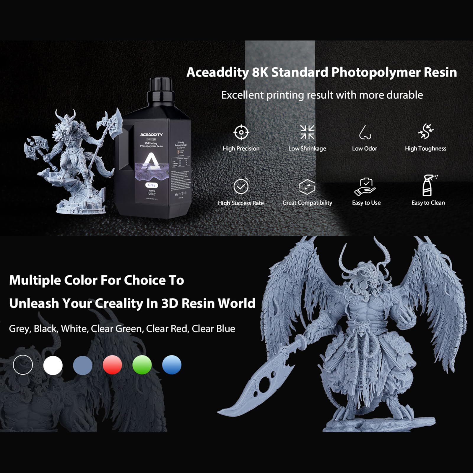 COMETX Resina de fotopolímero estándar para impresora 3D 8K, 405 nm, resina de curado UV, líquido de impresión 3D de alta precisión, apto para impresoras 3D 2K/4K/8K-LCD/DPL/SLA - 1 kg/botella + 1,2
