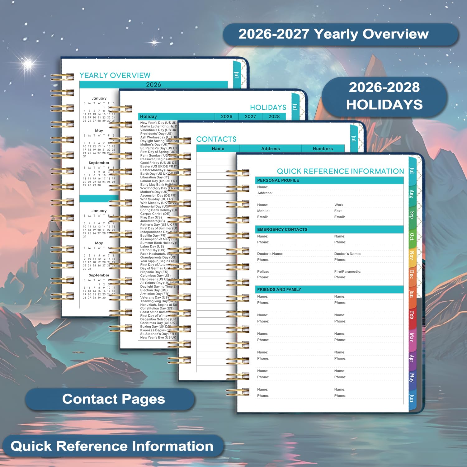 Planer na rok 2026, tygodniowy/miesięczny, od stycznia 2026 do grudnia 2026, 16,5 x 21,6 cm, tygodniowy i miesięczny, z kolorowymi zakładkami, tylna kieszeń + gruby papier