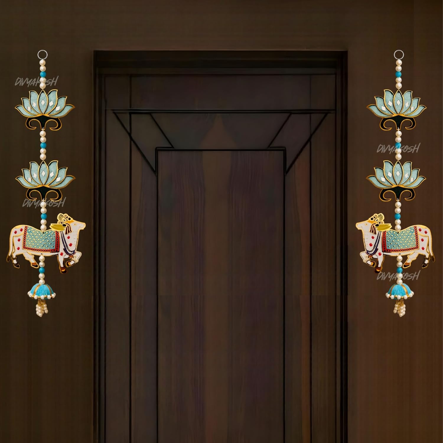 Divyakosh Wood Mandir Door Decoration, Sky-Blue Lotus With Cow Hanging for Home Entrance, Pooja Items | 2 Pieces | 18 Inches โ image 1