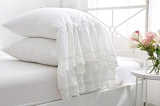 Ivory White Pillowcases with Eyelet Crocheted Lace Ruffles Pillow Shams ...