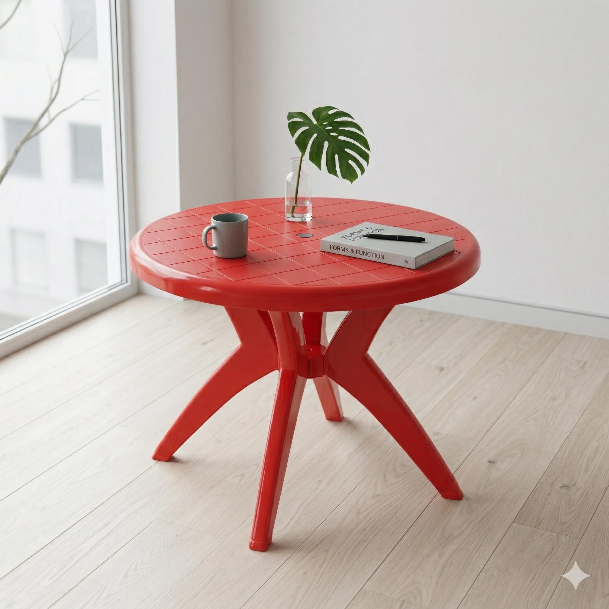 OAKNEST Supreme Marina Circular Design High Glossy Dining Table| Table with Umbrella Holder and Cross Legs for Dining Room Set/Garden/Cafe and Restaurants (Color: Coke Red)-image-46