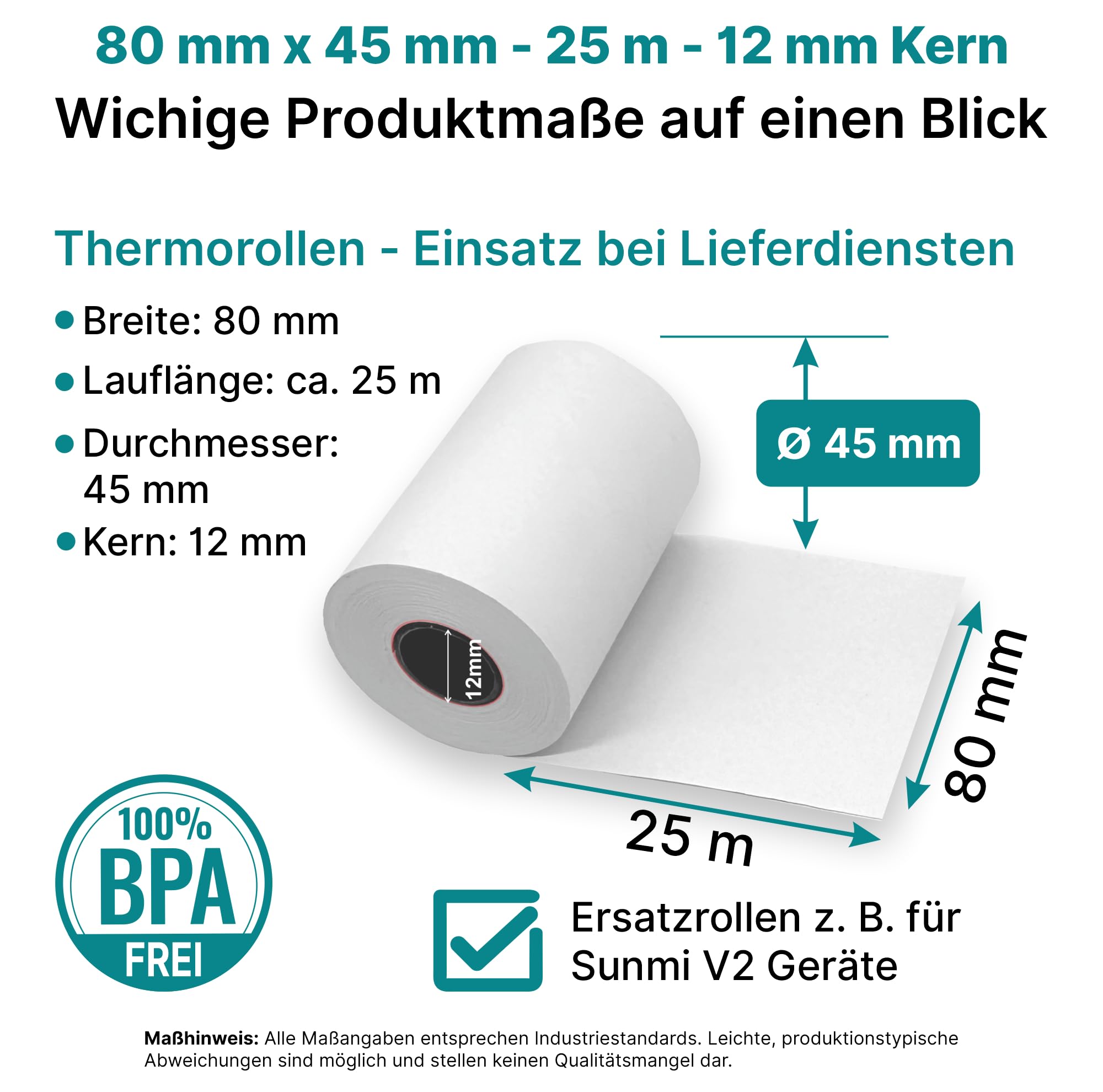 100 Thermorollen 80 mm x 25 m lang – Ø 45 mm – BPA-frei – Kassenrollen für Lieferdienste und POS-Drucker, kompatibel mit Sunmi V2s und Enfore Dasher (100)