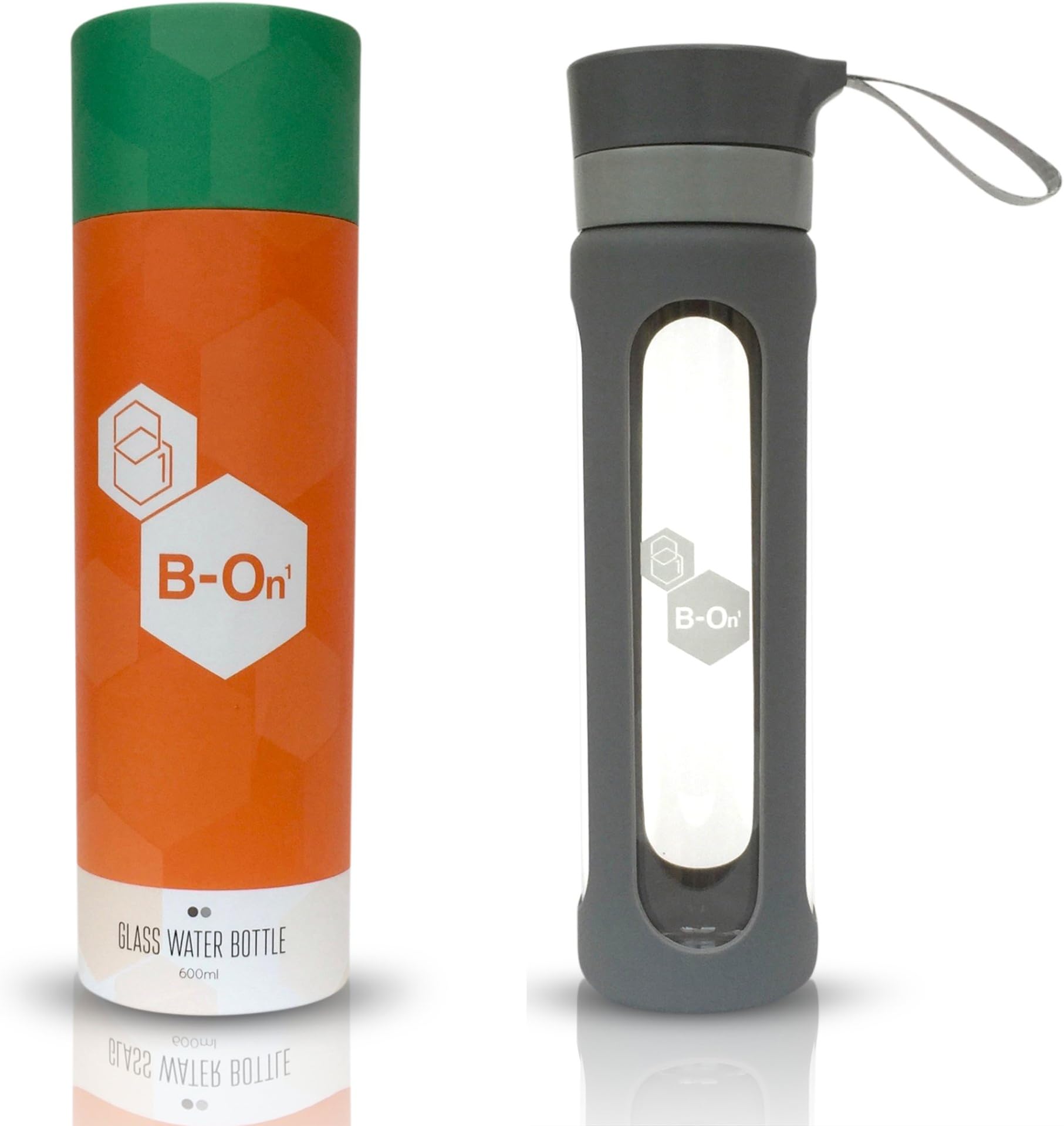 B On 1 Glass Bottle - Fruit Infused Water, Tea, Essential Oil. Silicone Sleeve. BPA Free. A Cleaner & Healthier way to drink! (Grey) 600ml
