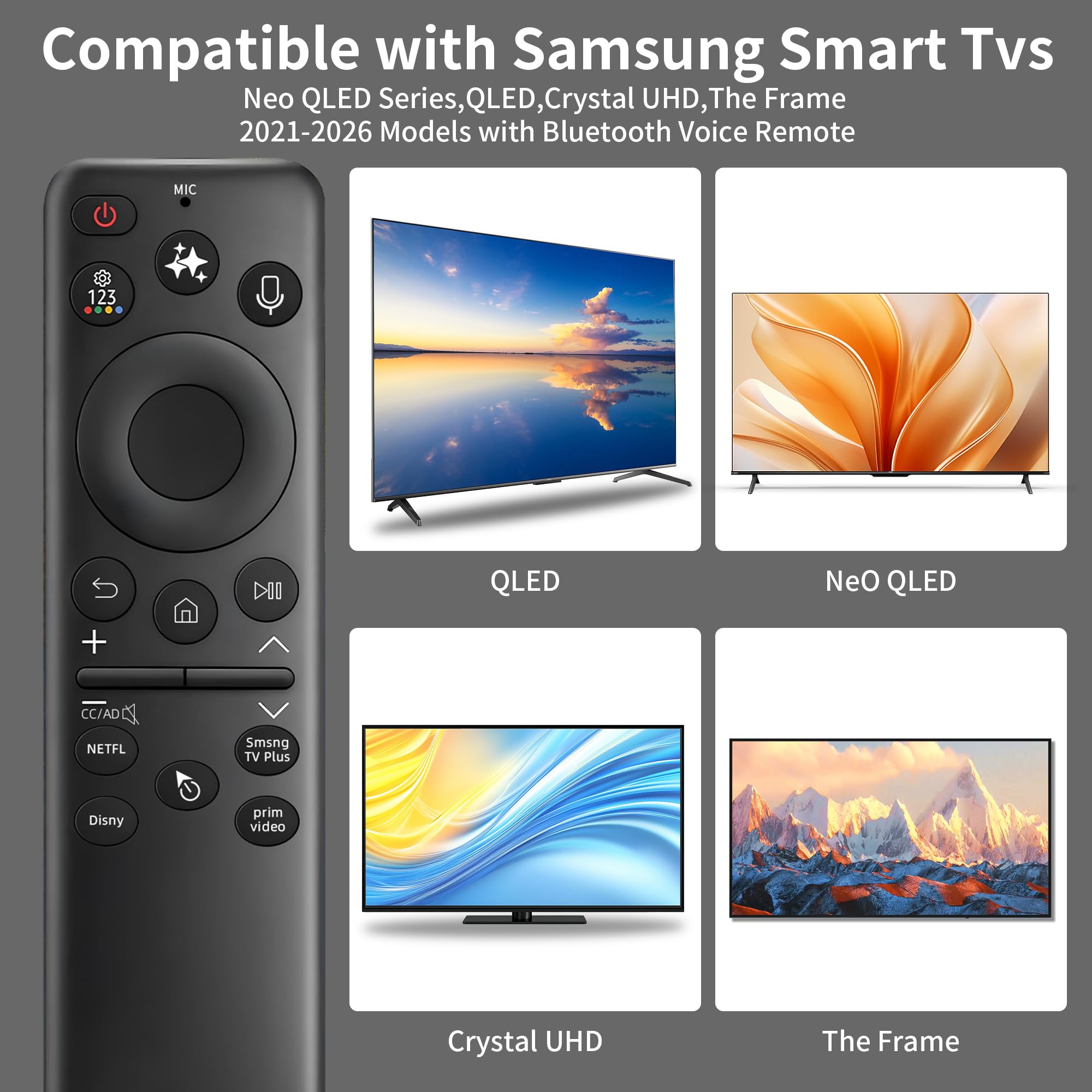 Télécommande solaire de rechange pour Smart TV Samsung, contrôle vocal et IA intelligent avec fonction pointeur, 4 boutons de raccourci, rechargeable USB-C, fonctionne avec les téléviseurs Neo QLED