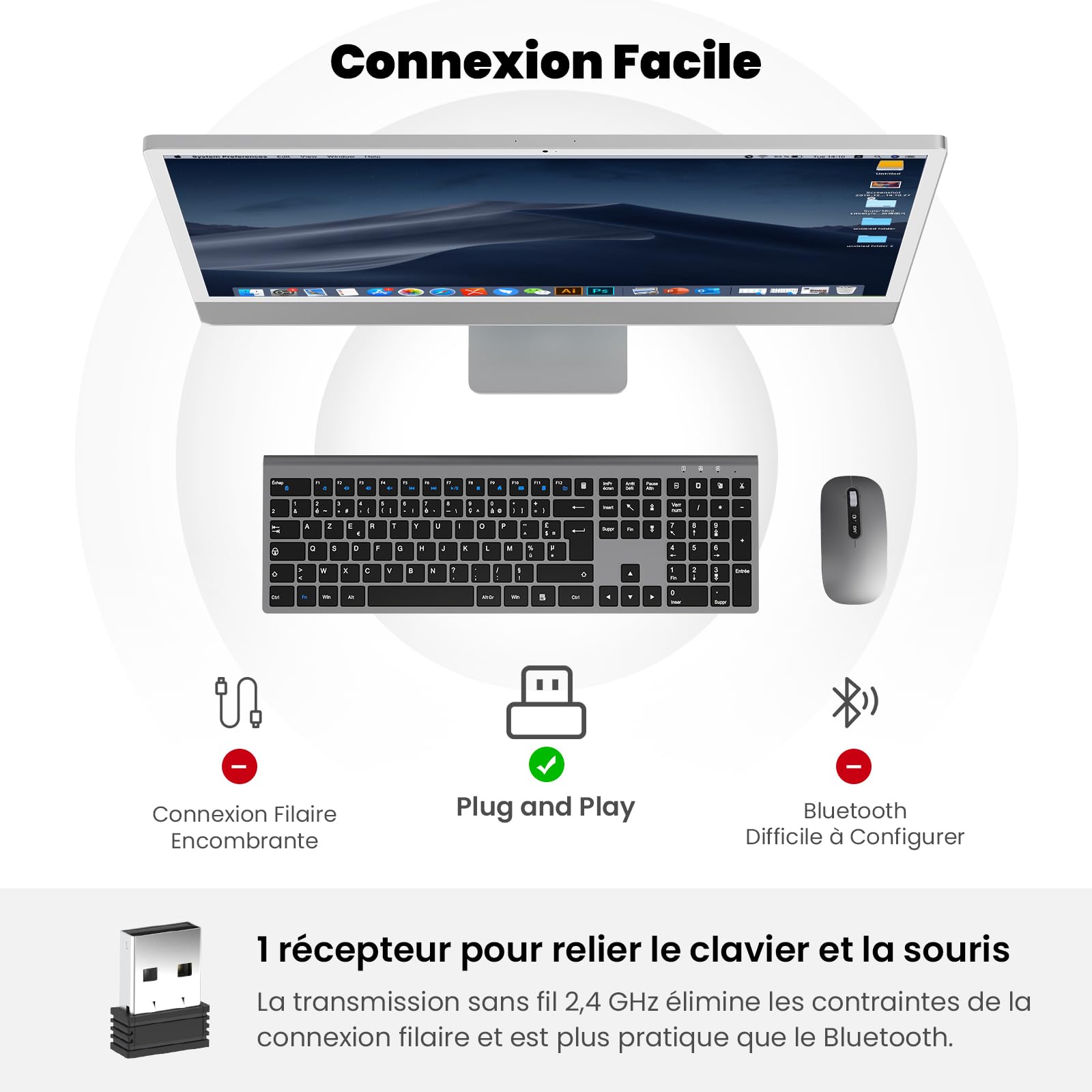 cimetech Ensemble Clavier et Souris sans Fil, Clavier Rechargeable Compacte USB C 2.4G Silent Ultra-Mince de Pleine Taille avec Pavé Numérique Souris pour PC/Laptop/Windows/Mac-Gris Noir
