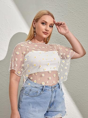 Miniatura 5 de Floerns Blusa de malla transparente de manga corta para mujer, talla grande