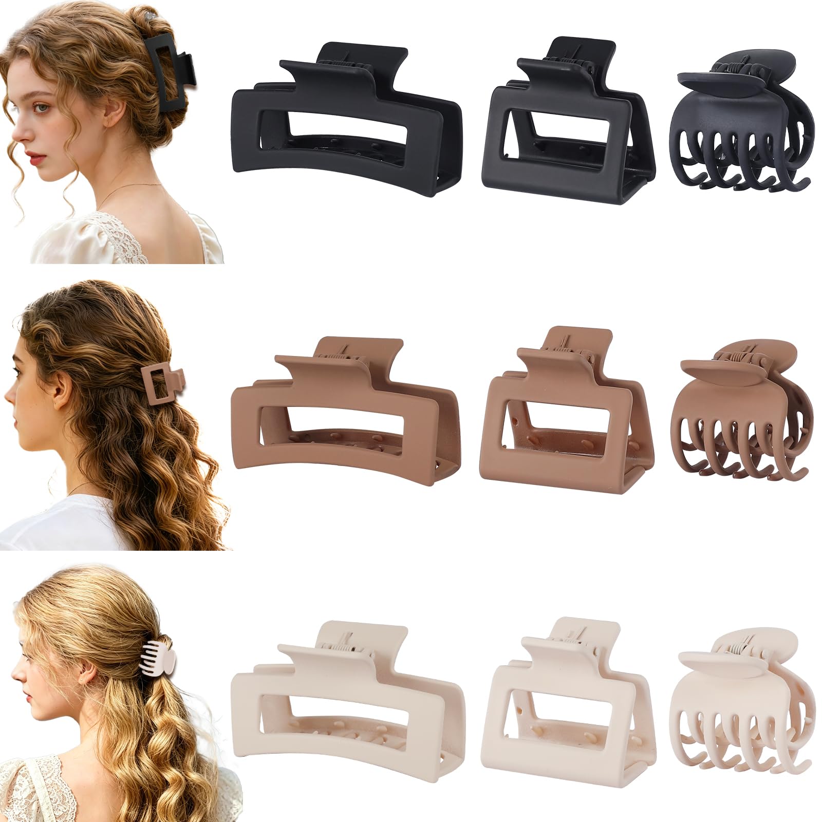 CHANDAT 3 fermagli per capelli, 9 pezzi, clip per capelli medie, da donna, rettangolari, per capelli spessi, quadrati, accessori per capelli sottili, da donna, colore marrone