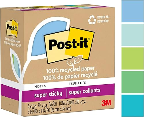 Post-it Notas súper adhesivas de papel 100% reciclado, 2 veces el poder de pegar, 3 x 3 pulgadas, 5 blocs, 70 hojasbloc, colección Oasis (654R-5SST)