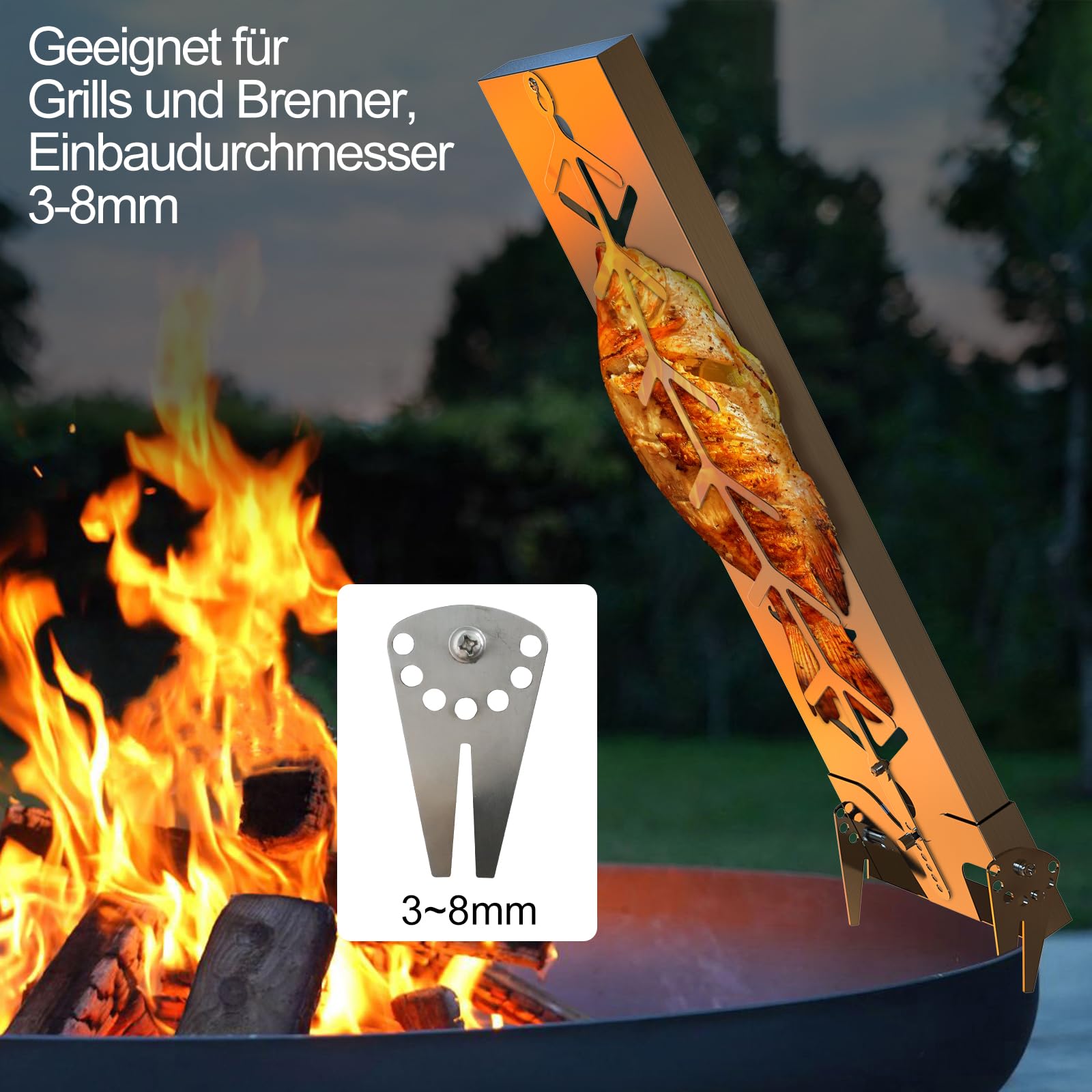 Flammlachsbrett Edelstahl|Extra breit 18cm Flammlachshalter passend für feuerschale und Grills mit Wandstärke bis Weniger als 8mm, Perfekte Alternative zum Flammlachsbrett