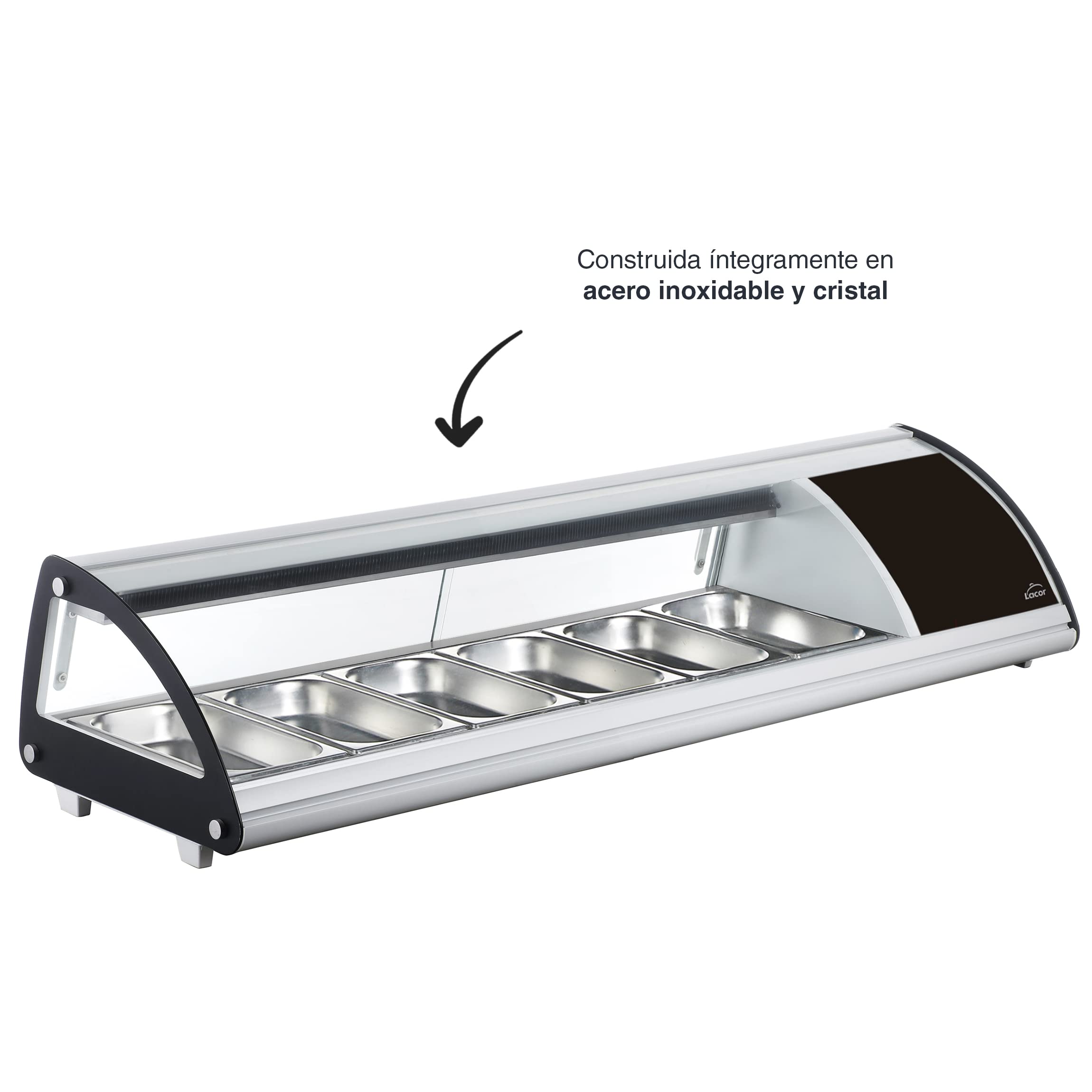 Lacor - 69606 - Vitrina Refrigerada, Expositor de Alimentos, Cristal y Acero Inoxidable, Capacidad: 6xGN 1/3, 160 W, Termostato Regulable: 0ºC - 12ºC