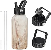Vista 77 de BJPKPK - Botellas de agua aisladas con tapa con popote, botella grande de metal de 32 onzas con 3 tapas, termo reutilizable sin fugas y sin BPA
