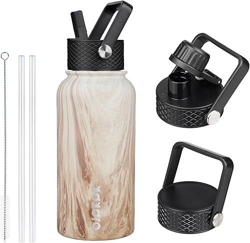 BJPKPK Botellas de agua aisladas con tapa con pajilla, botella de agua de acero inoxidable de 27 onzas con 3 tapas, termo de metal a prueba de fugas