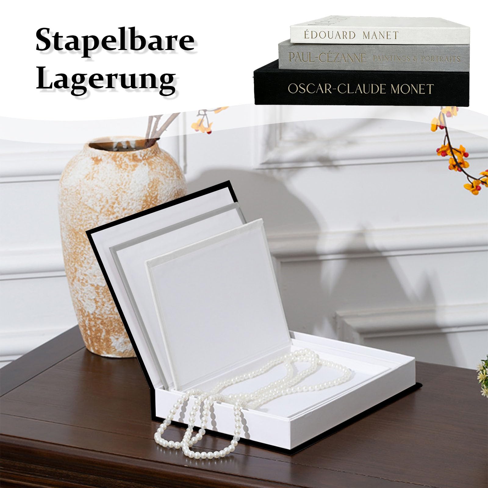 Libri Decorativi Arredamento, 3 Pezzi Libri Finti in Lino Scatola Portaoggetti con Chiusura Magnetica, Libro Decorativo da Esposizione, per Pasticceria e Caffetterie (Nero, Bianco, Grigio)
