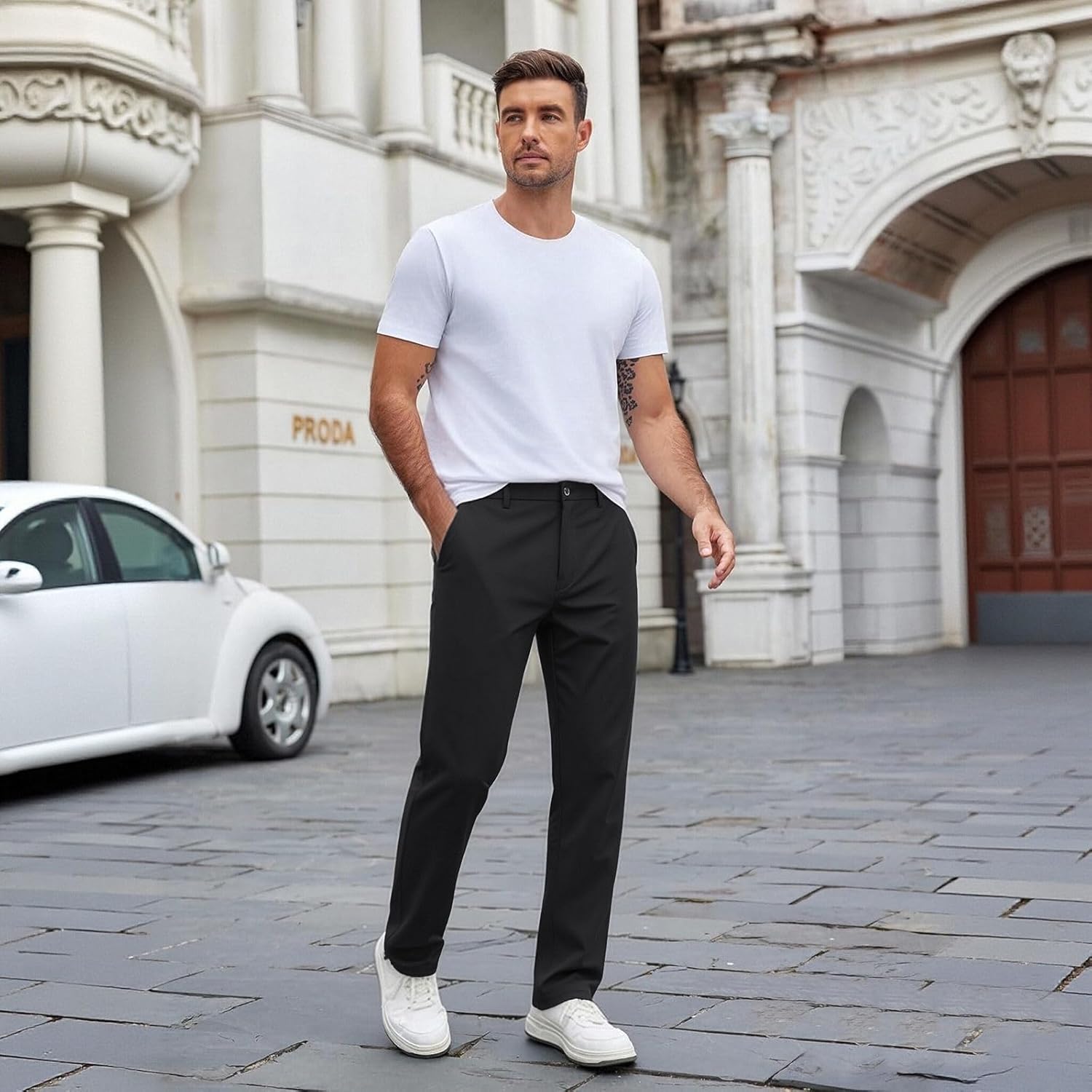 Men's Classic-Fit Dress Pants with 4 Pockets Expandable-Waist Stretch Lightweight Golf Pants