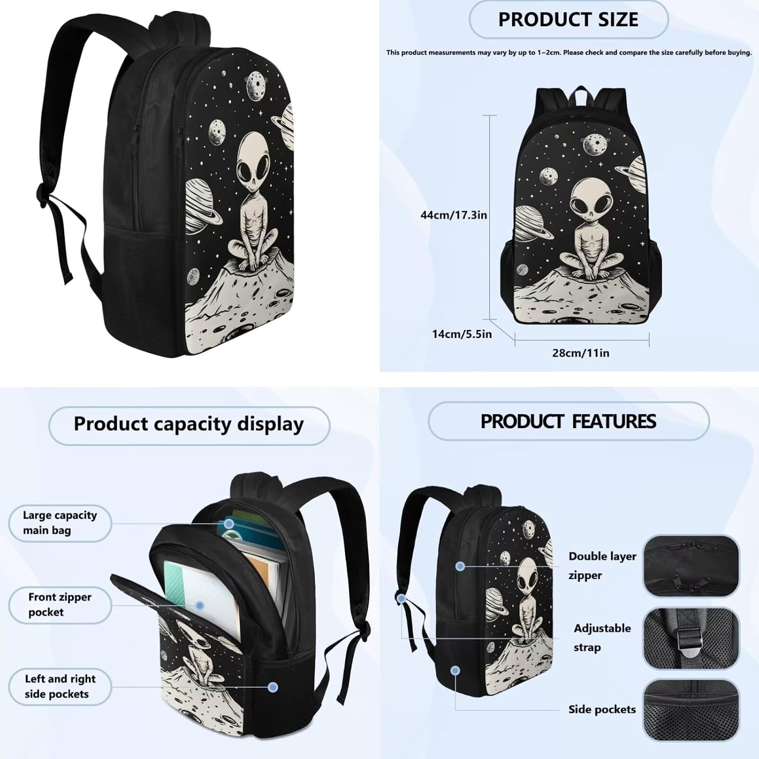 Space Alien Backpack for Boys Kids Backpack with Lunch Box and Soft Pencil Case 3PCS Casual Daypack Backpacks Bookbag with Compartments for School Teens 17 inch Large School Bag for Girls