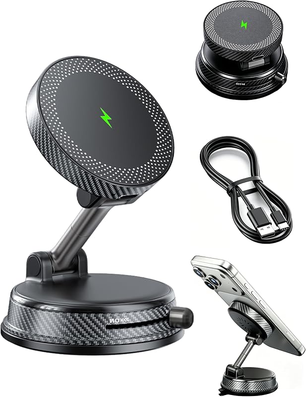15W Magsafe Wireless Fast Charger Car Phone Mount Holder with Vacuum | ULiiZOMIR Adjustable Magnetic Mount, Strong Grip Dashboard & Windshield Holder for iPhone 12-17 and Android Devices