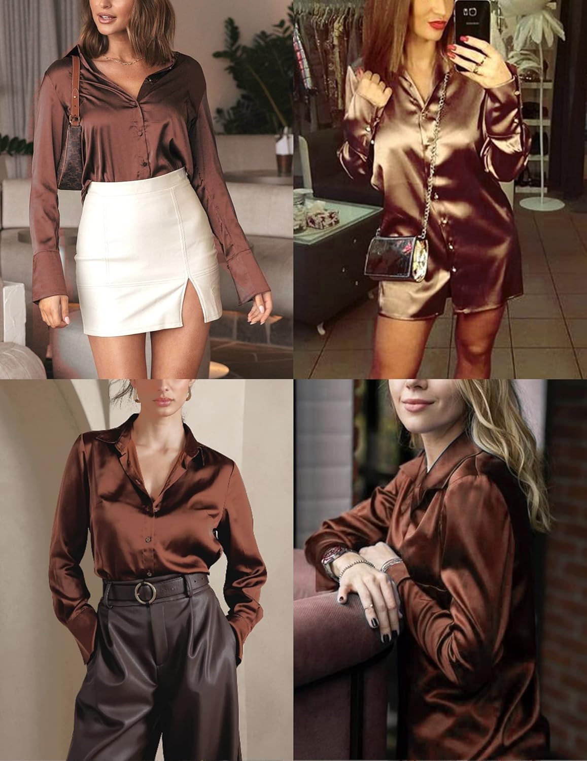 HOTOUCH Women Satin Silk Button Down Shirt Ladies Long Sleeve Tops V Neck Loose Blouse Dressy Business Casual Work Tunic Fall - Image 2