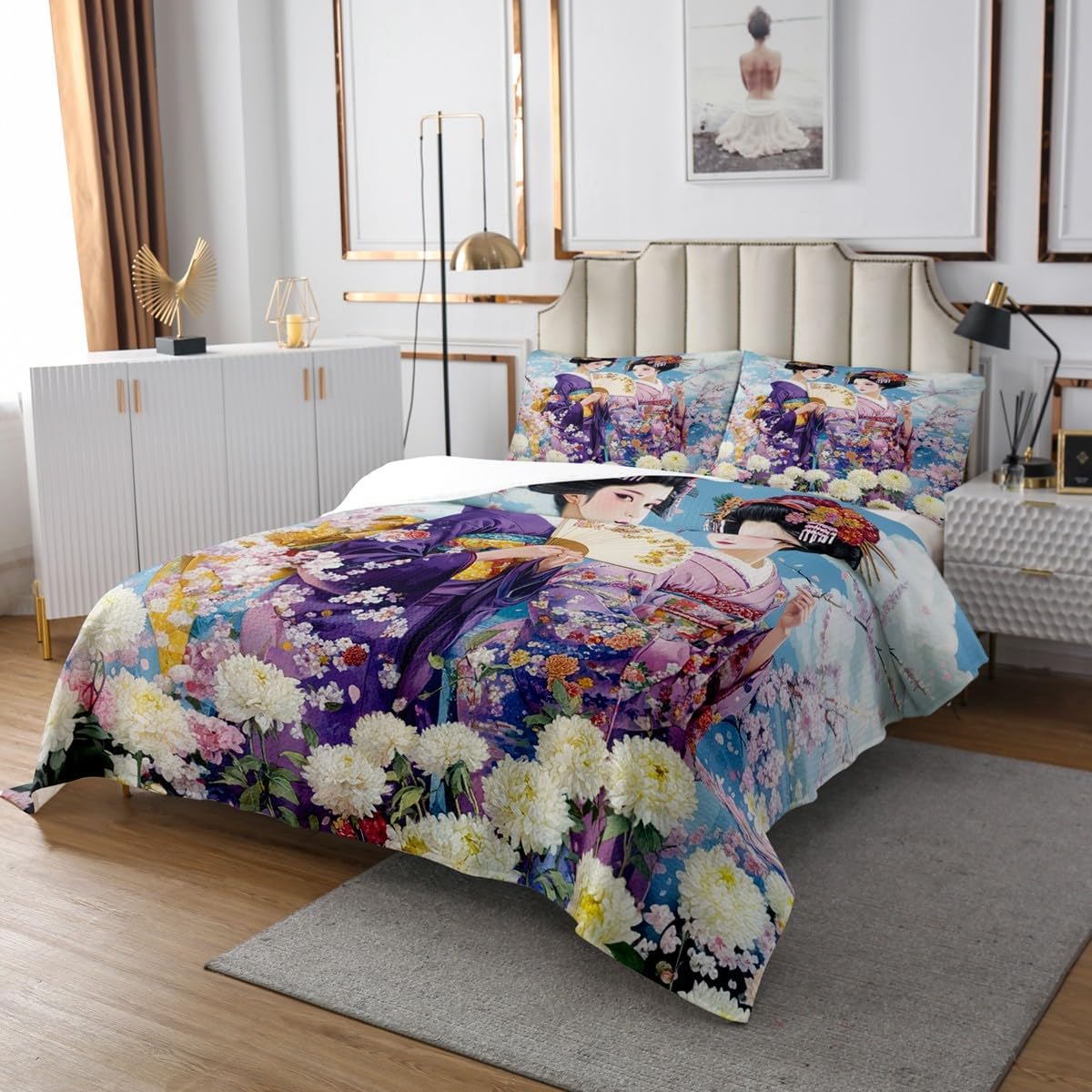 Erosebridal Japanese Geisha Bedspread Set Queen Size,Tokyo Ukiyoe Quilt Sets,3 Piece Romantic Floral Print Quilts，Japenese Traditional Wafuku Style Coverlet Set with 2 Pillowcases