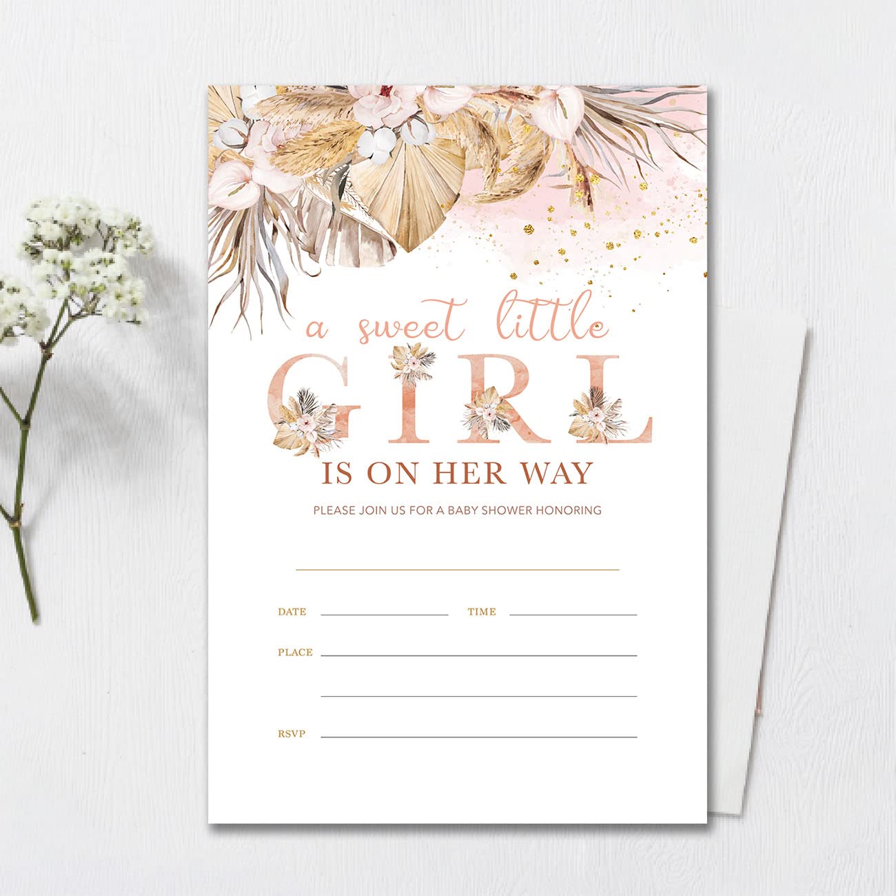 YIDOU Babyparty Einladungskarten Boho-Stil, 20 Stück Inkl. Umschläge – Doppelseitig Bedruckt, 10,2x15,2 Cm