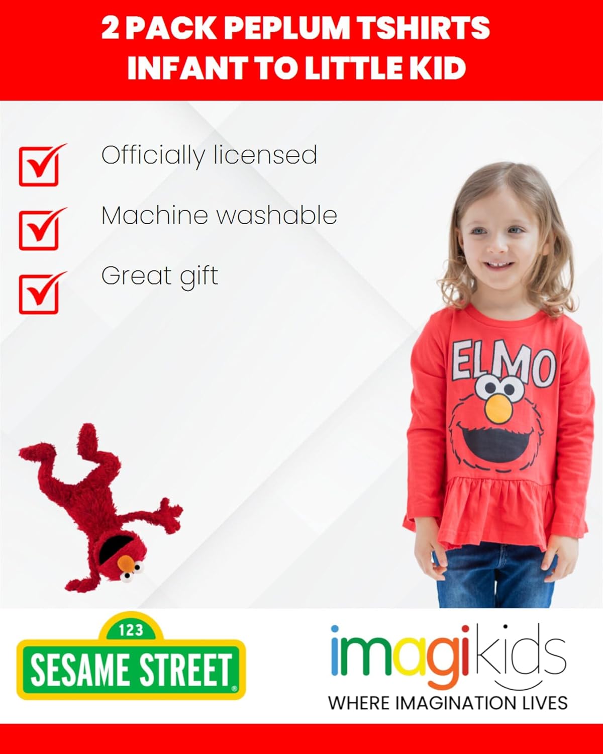 Sesame Street 2 Pack Peplum Long Sleeve T-Shirts Infant to Little Kid Sizes (12 Months - 6-6X) - Image 6