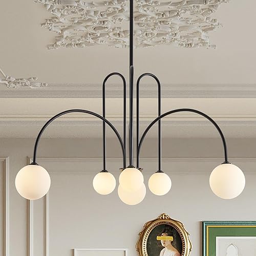 Candelabro moderno negro de 6 luces Sputnik para comedor, grande de 40 pulgadas de largo de siglo, lámparas colgantes de techo con pantallas de