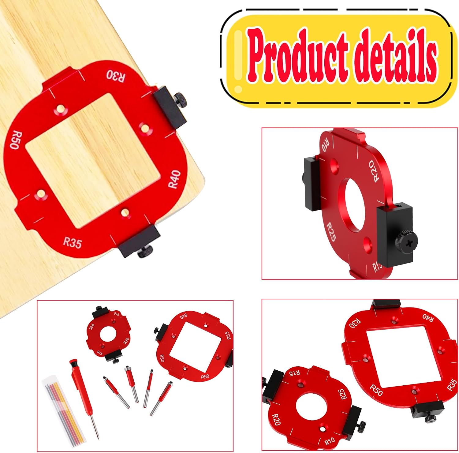 9 Pcs Router Corner Radius Template Kit for Woodworking Includ R10-R50 Aluminum Alloy Corner Jig Templates with 4 Trim Bit and Carpenter Pencil Table Router Arc Cutting Guide DIY Tool