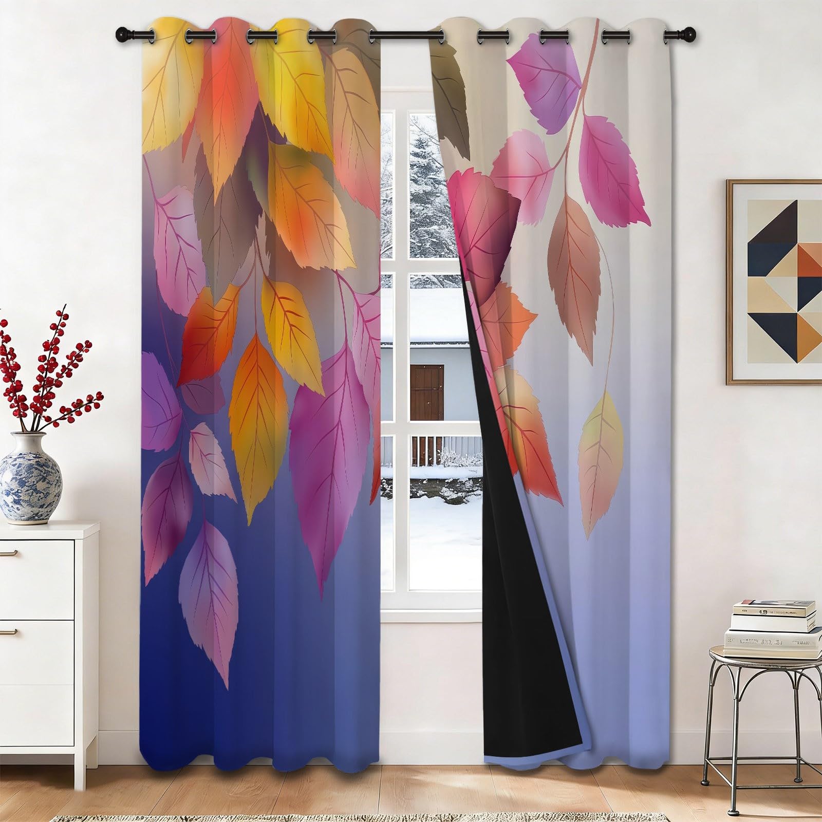 Rideau occultant aquarelle 140x280 cm, lot de 2 rideaux thermiques à oeillets pour chambre