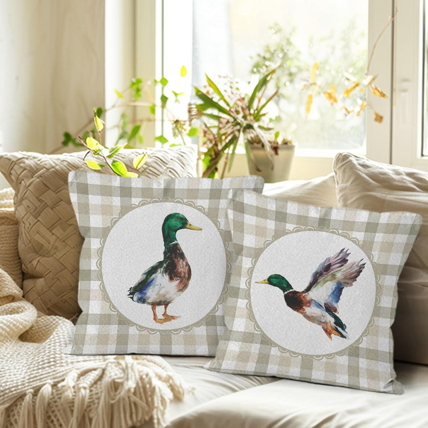 Mallard Duck Throw Pillow Covers 18x18 Set of 2, Mallard Duck Hunting Bird Decor, Farmhouse Hunting Bird Pillow Covers for Home Couch Bedroom - Image 5