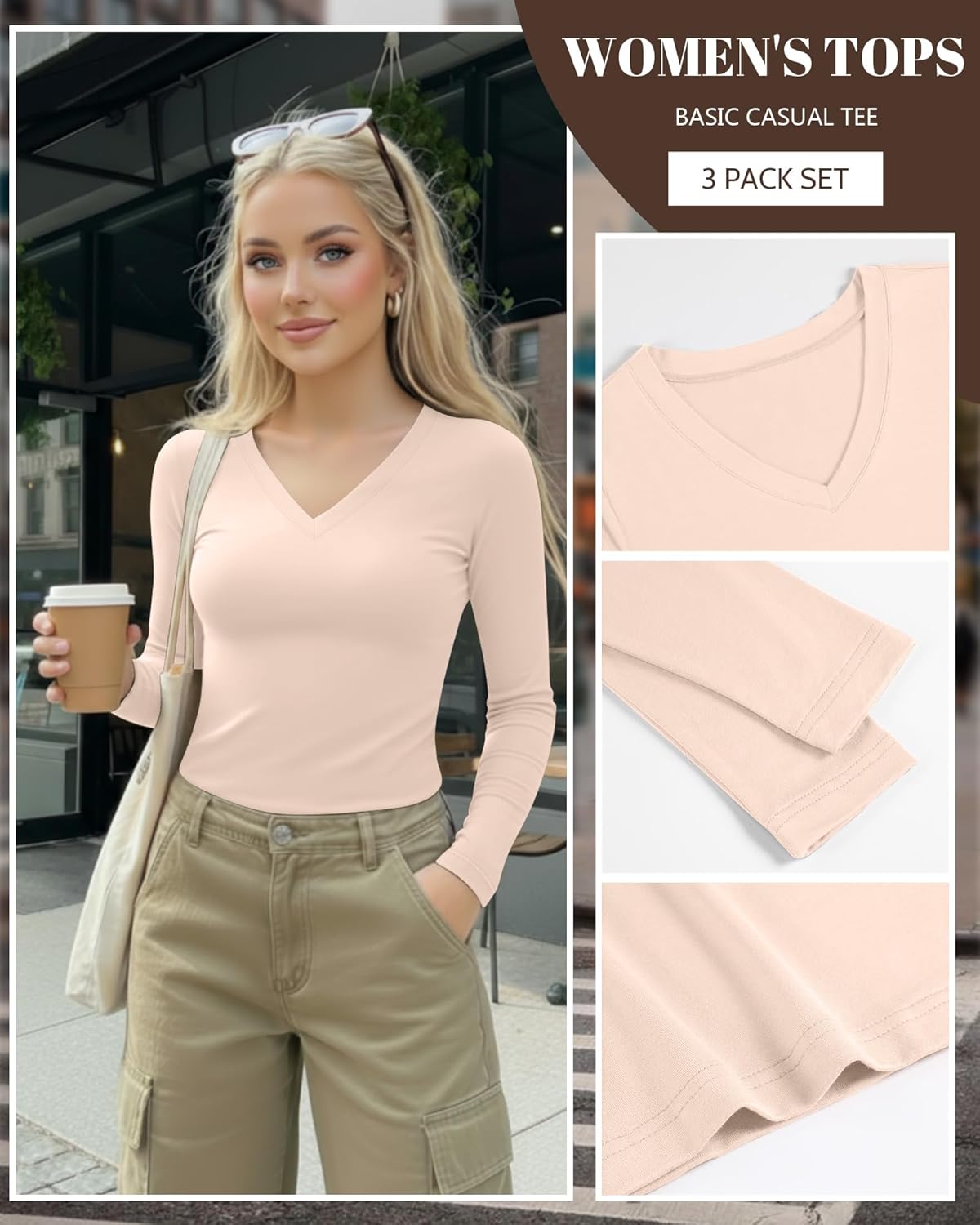 Ficerd 3 Pack Women's Long Sleeve Shirts, V Neck Basic Tees Slim Fitted Casual Fall Tops Going Out Blouses T Shirts - Image 5