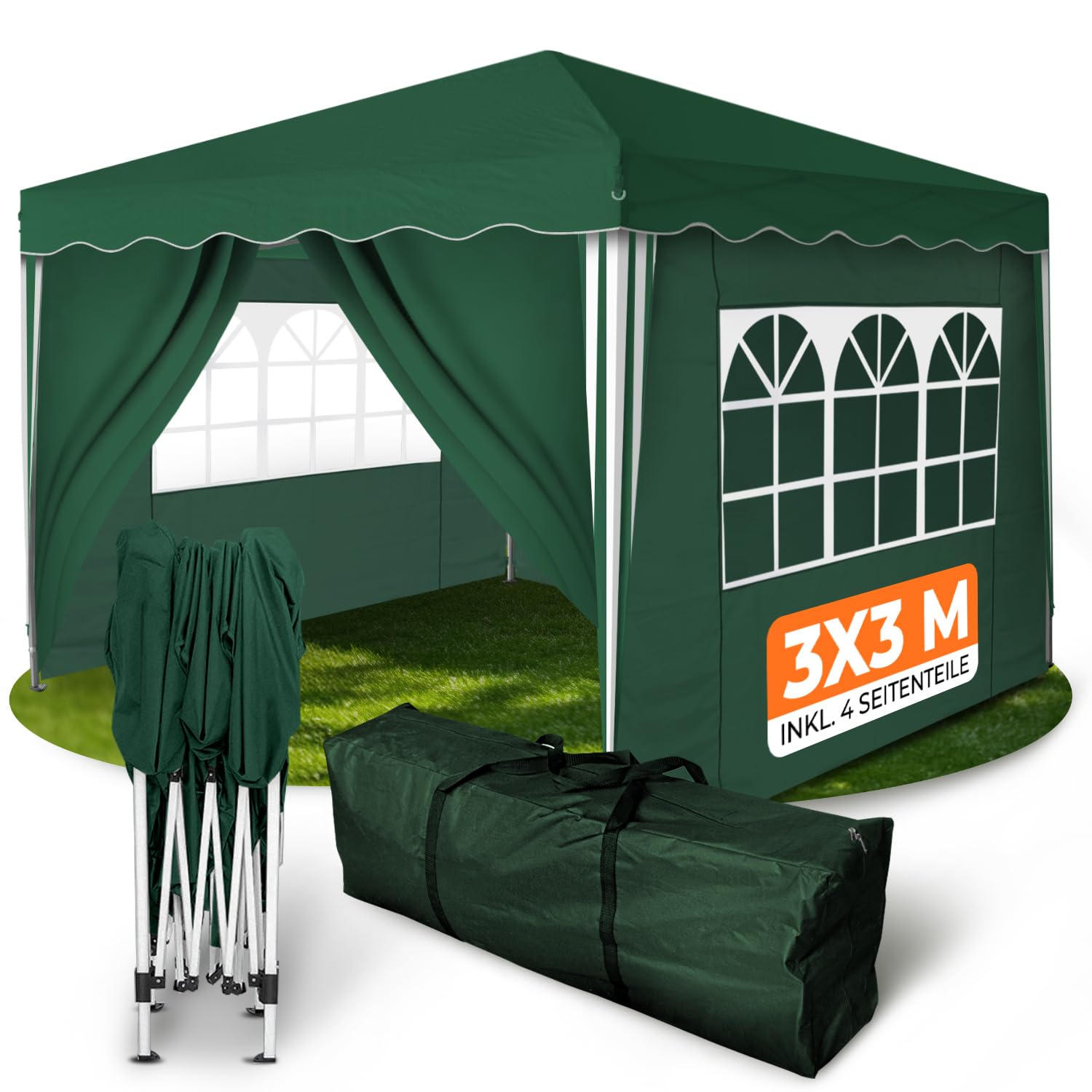 Kronenburg Faltpavillon 3x3 m wasserdicht – Gartenpavillon, Partyzelt stabil, UV-Schutz 50+, 4 Seitenteile