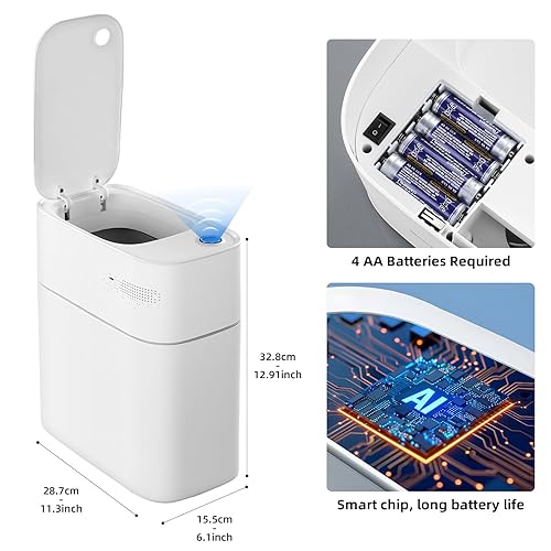 Vista 5 de Cubo de basura automático delgado de 3.5 galones para baño, papelera sin contacto con bolsa de basura, tecnología de absorción automática, cubos