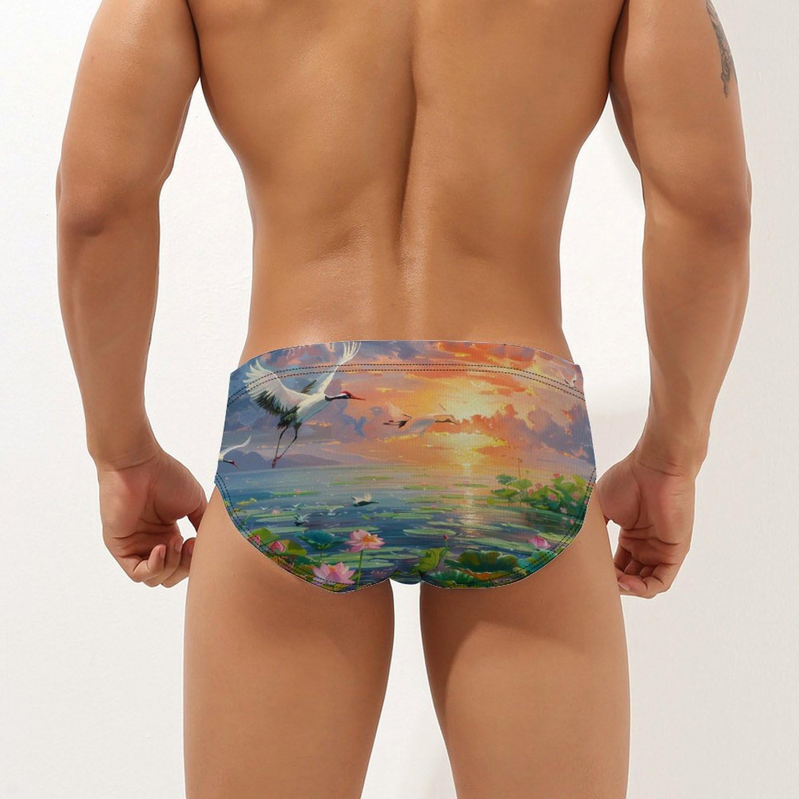 Feng Shui Lotuses Flower Blooming Mens Swim Briefs Bikini Swimwear Print Beach Shorts Sexy Swimsuit 3XL