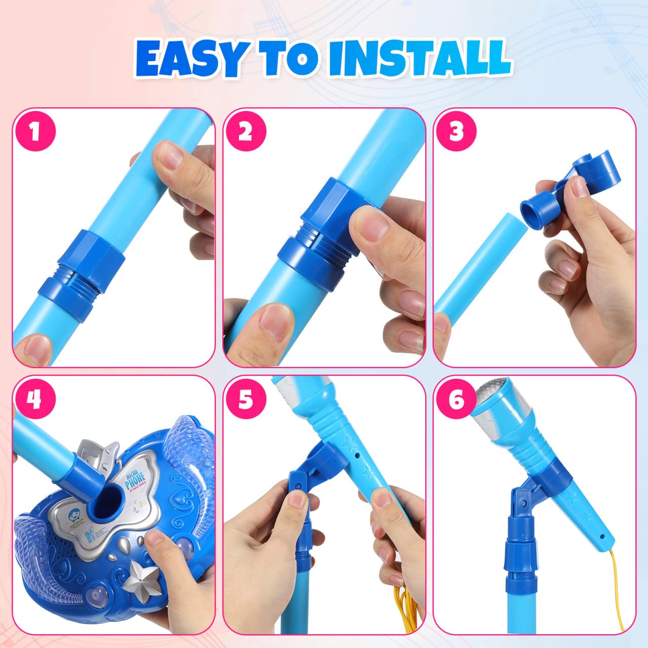Máquina de karaoke de juguetes musicales para niños con soporte ajustable y micrófonos, juguete de micrófono de música con luces intermitentes de escenario (azul, sin batería) 4